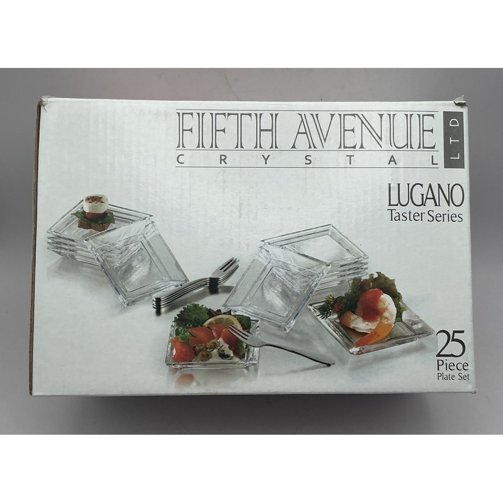 Fifth Avenue Crystal Lugano Taster Series 25 pc Set Square Glass Plates Forks